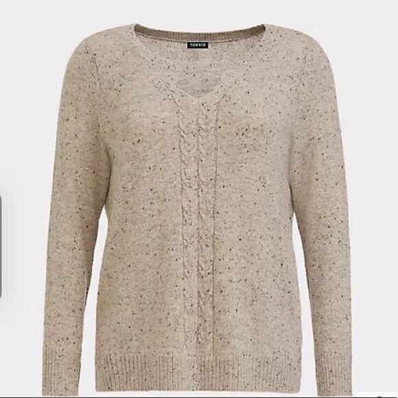 : : TORRID taupe marled keyhole cable knit sweater with thumb holes : : - Picture 2 of 11